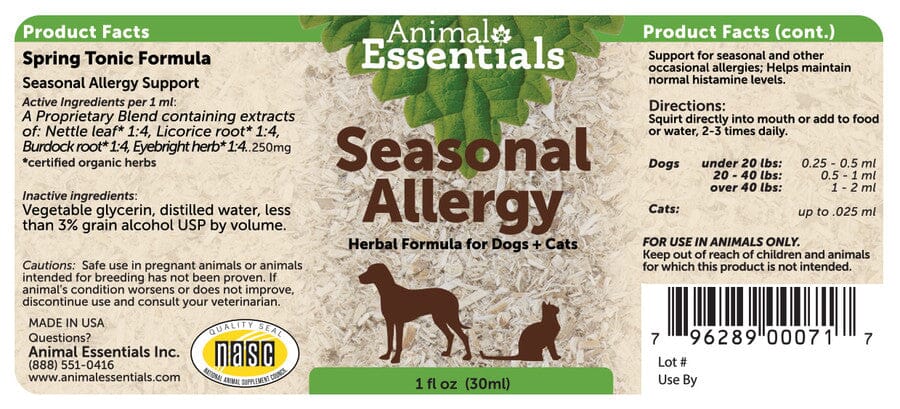 Animal Essentials Seasonal Allergy Support Herbal Tincture for Dogs and Cats (1 oz)