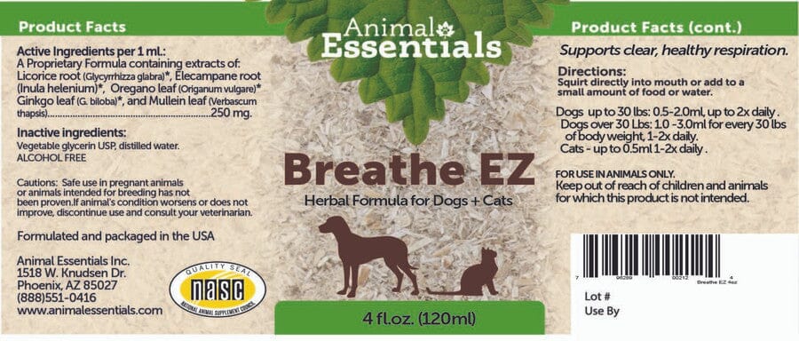 Animal Essentials Breathe EZ Herbal Tincture for Dogs and Cats (1 oz) Bottle Front
