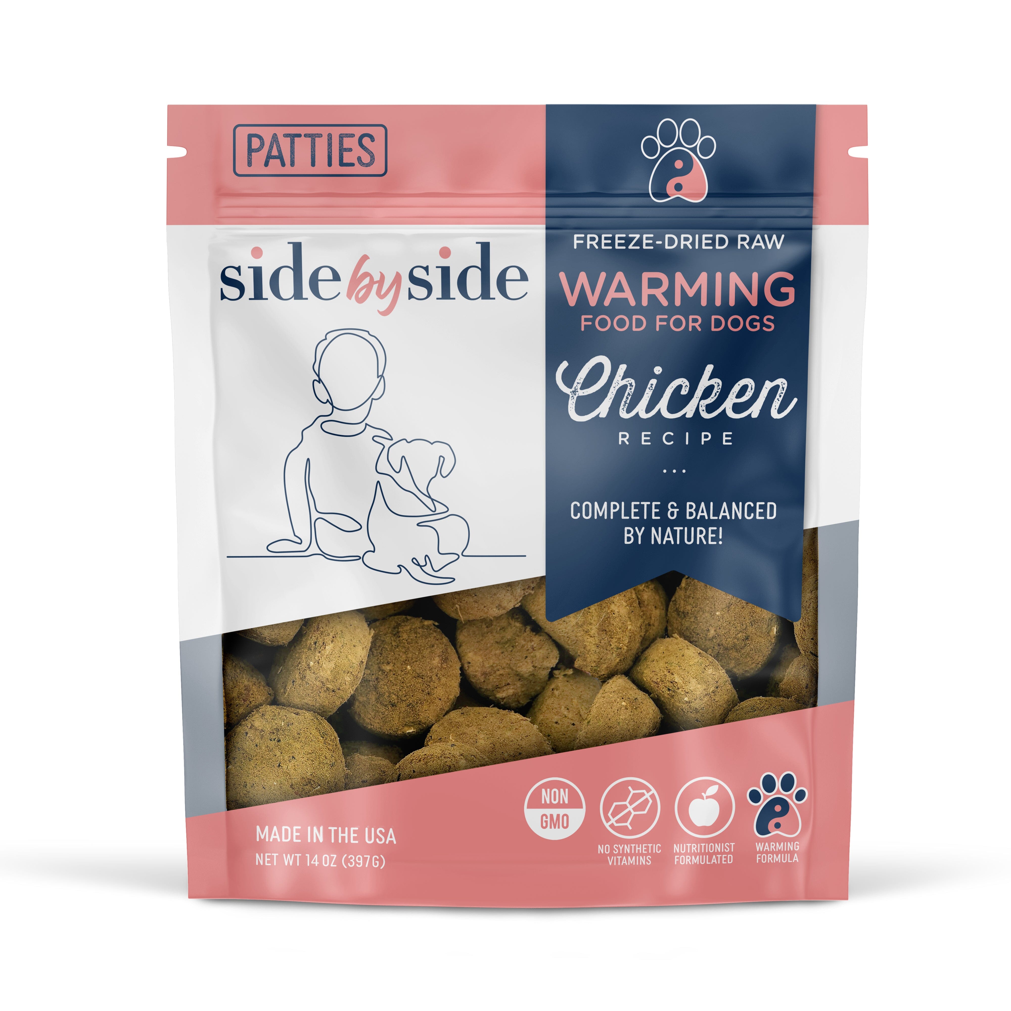 Side by Side Freeze Dried Raw Warming Chicken Mini Patties (14oz bag) CLEARANCE 50% OFF!
