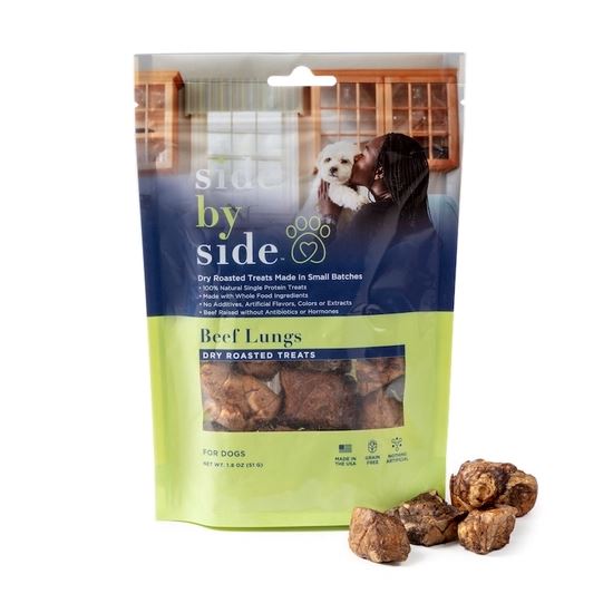 Side by Side Neutral Beef Lung Dry Roasted Dog and Cat Treats (1.8oz bag) photo front plus opened treats
