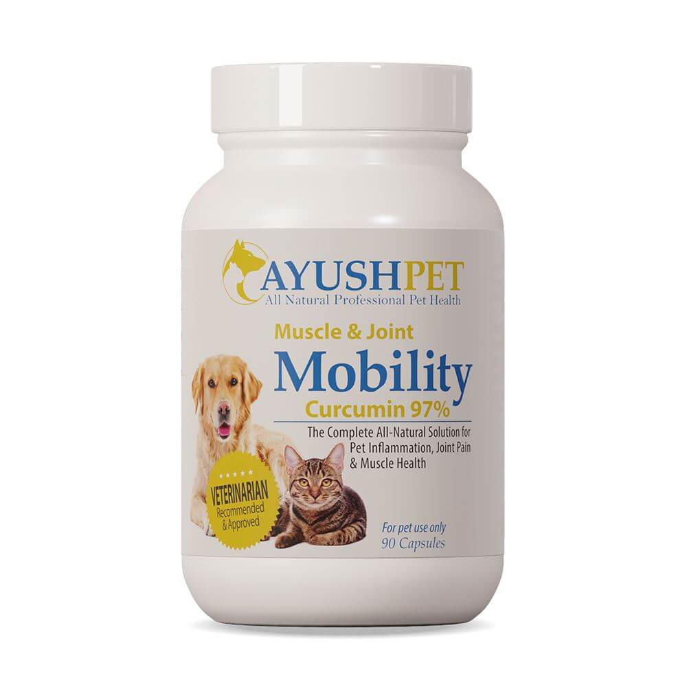 ayush pet muscle & joint mobility curcumin 97% all-natural solution for pet inflammation, joint pain & muscle health bottle