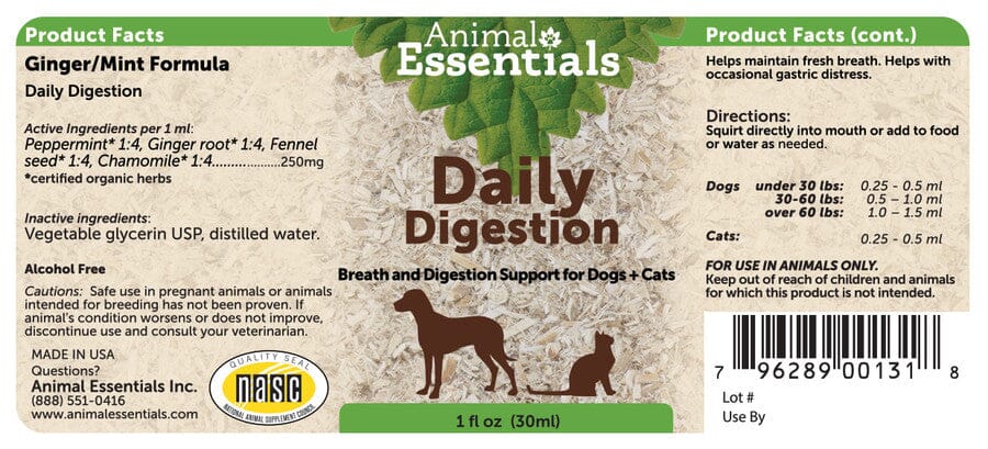 Animal Essentials Daily Digestion Breath and Digestion Support Herbal Tincture for Dogs and Cats (1oz)