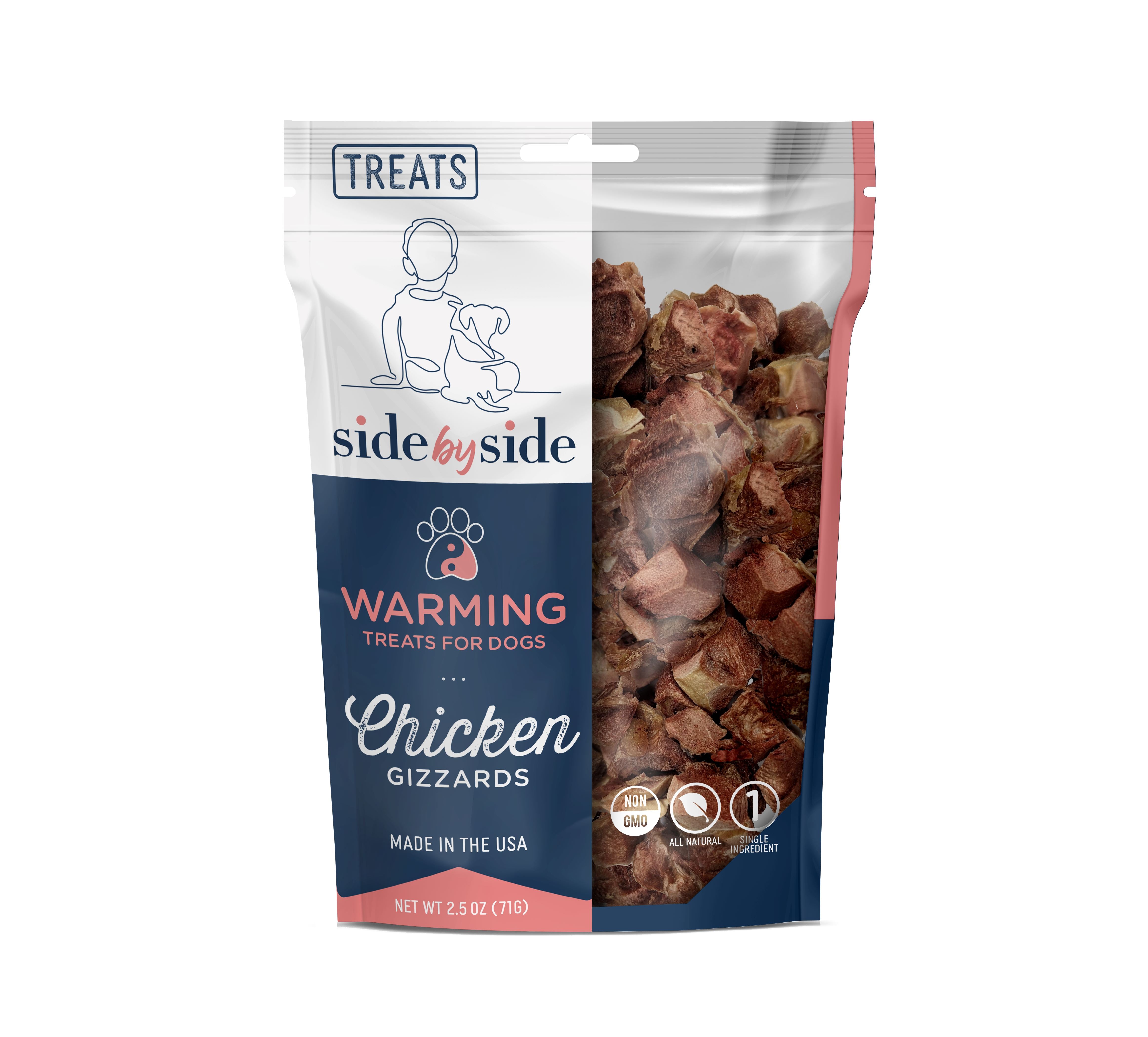 Side by Side Warming Chicken Gizzards Freeze Dried Dog Treats (2.5oz bag)