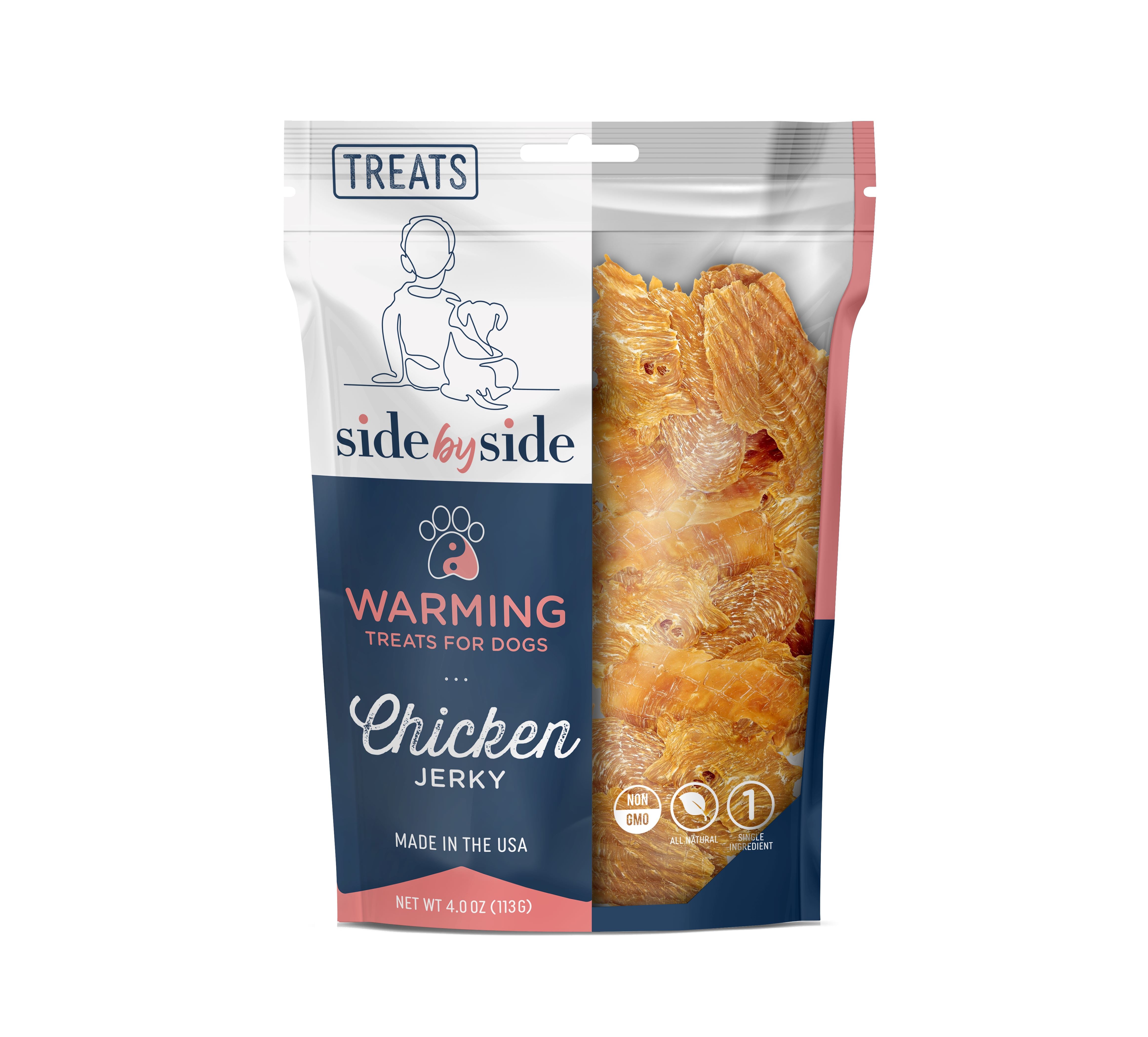 Side by Side Warming Chicken Jerky Dry Roasted Dog Treats (4oz bag) CLEARANCE 50% OFF!