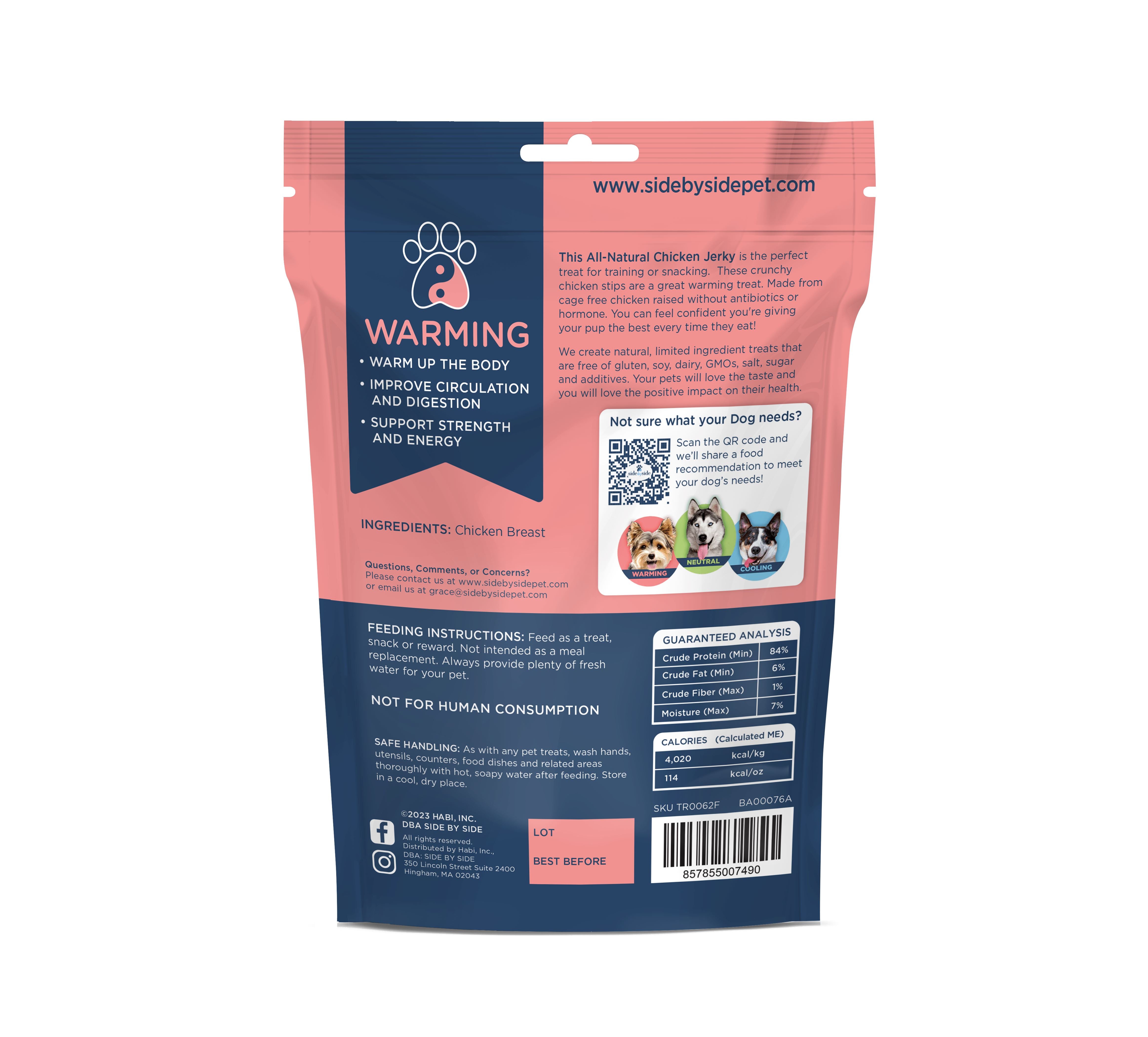 Side by Side Warming Chicken Jerky Dry Roasted Dog Treats (4oz bag)