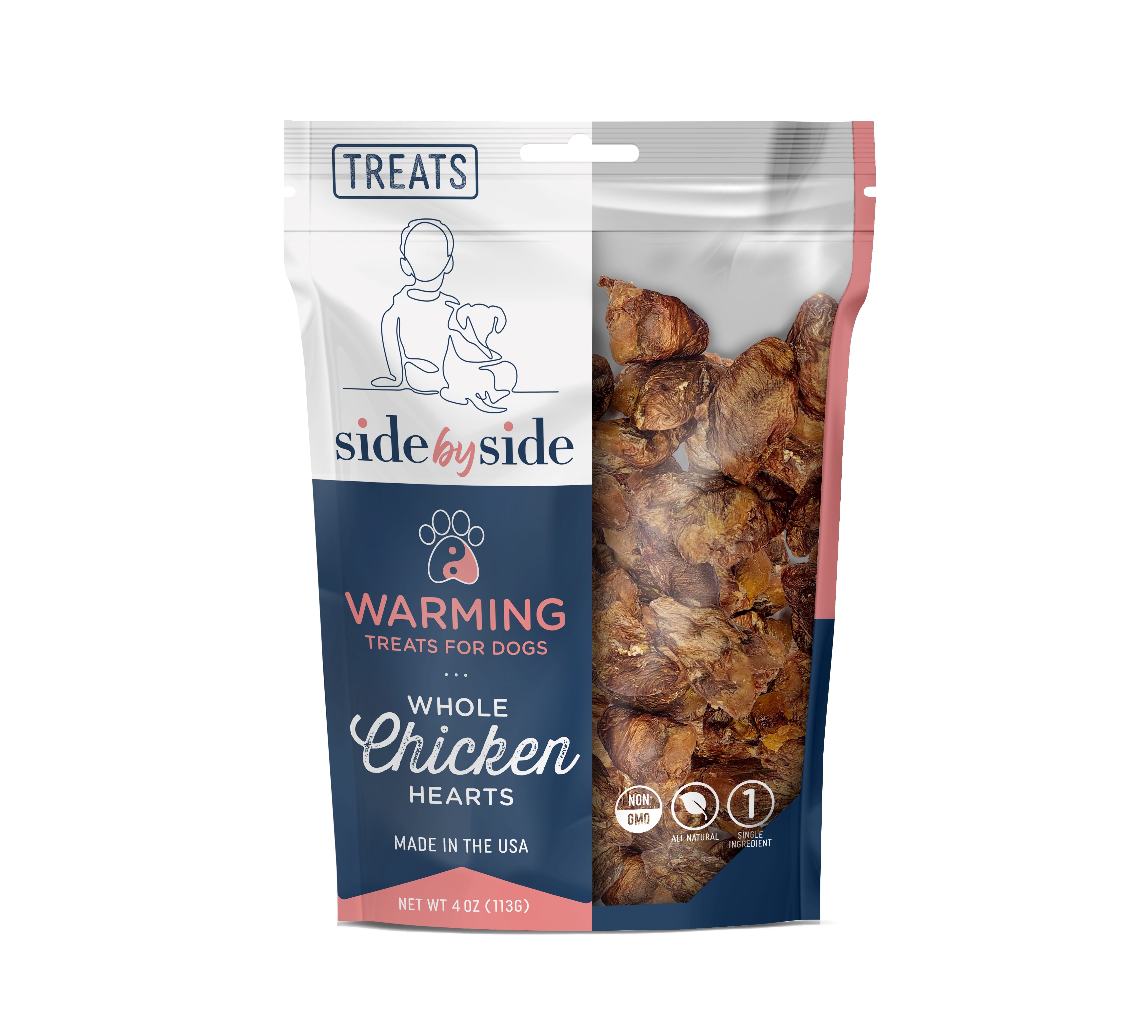 Side by Side Warming Whole Chicken Hearts Freeze Dried Treats (4oz bag)