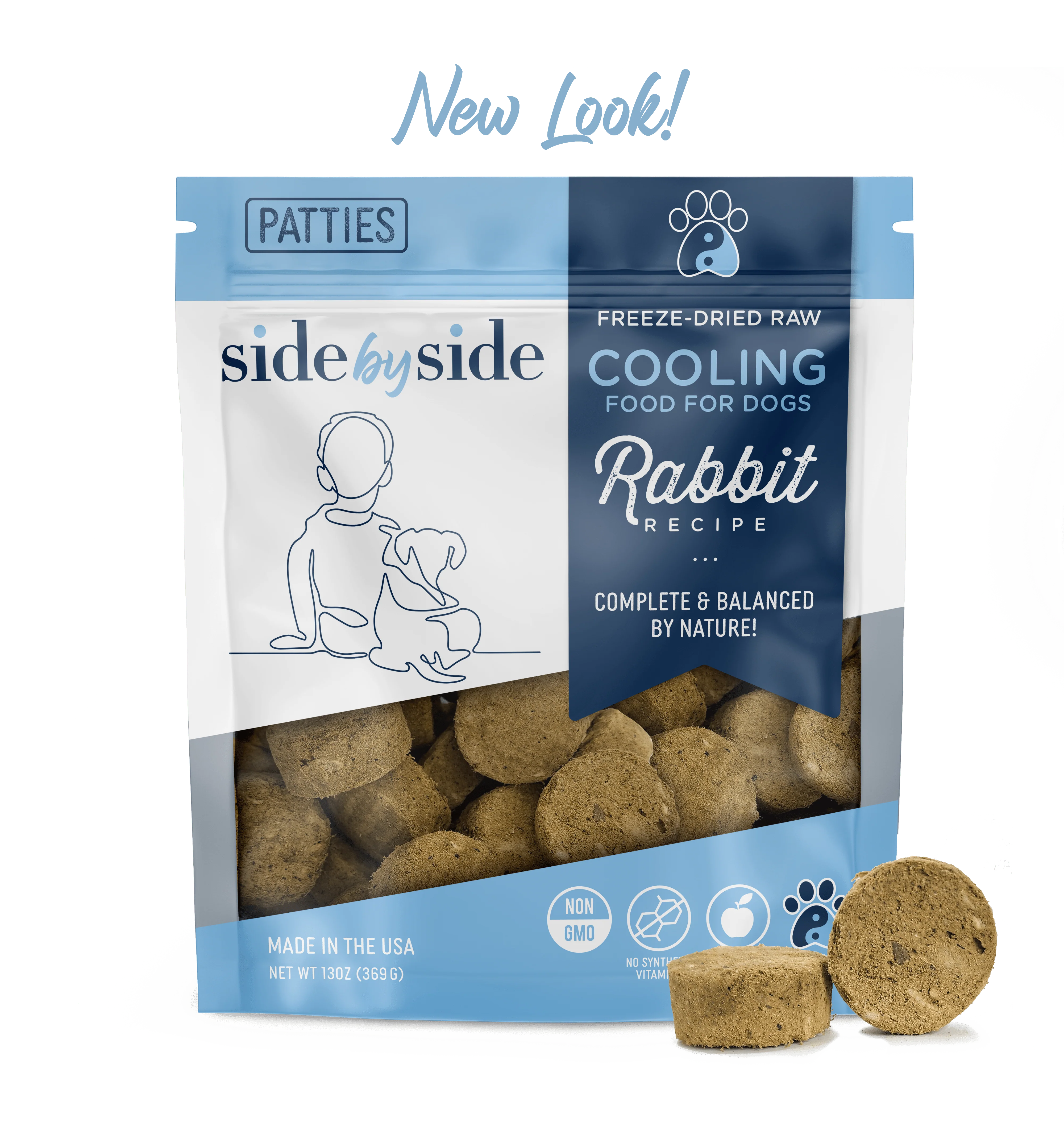 Side by Side Freeze Dried Raw Dog Food Cooling Rabbit Mini Patties (13oz bag)