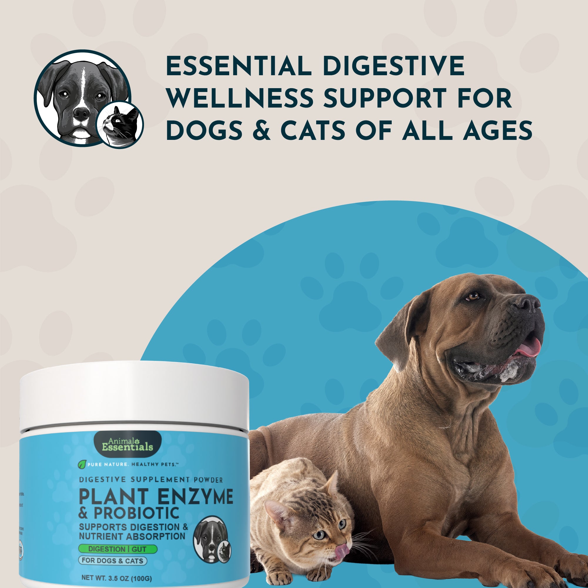 Animal Essentials Plant Enzyme and Probiotic Powder | Digestive Support Supplement for Dogs and Cats (3.5 oz)