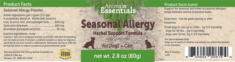 Animal Essentials Seasonal Allergy + Quercetin herbal Support powder for Dogs and Cats (2.8oz)